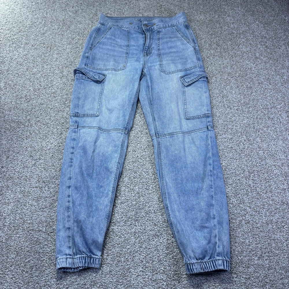 American Eagle Jeans Womens 0 Blue Light Wash Cargo Tapered Cuffed Relaxed Denim